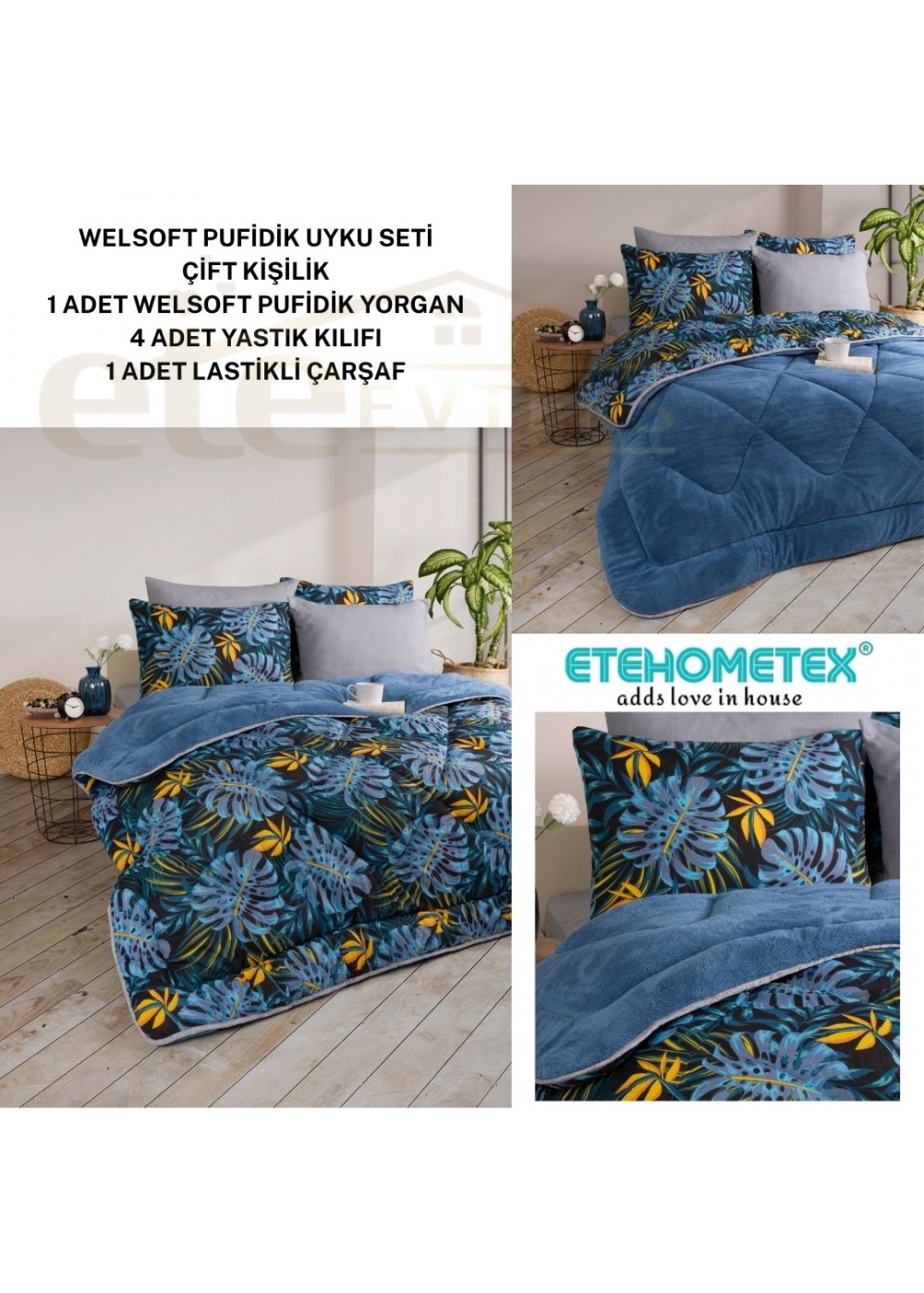 ETE HOMETEX ÇİFT KİŞİLİK WELSOFT UYKU SETİ MONESTERA İNDİGO 8696474231984